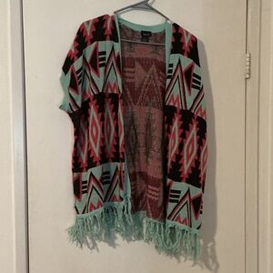 Rue21 Geometric Patterned Cape with Fringe